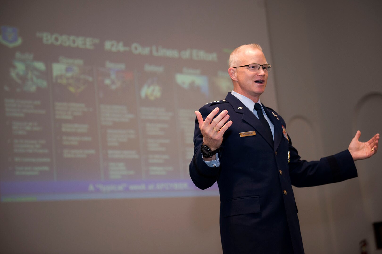 Maj. Gen. Chris Weggeman, 24th Air Force Commander, addresses a crowd during the 24th AF Community Open House April 6 on Port San Antonio, Texas. The theme of his address was the 24th AF and how it uses BOSDEE – Build, Operate, Secure, Defend, Extend, and Engage – to accomplish its mission of providing full-spectrum, global cyberspace capabilities to the Air Force, Joint Force, and the nation.