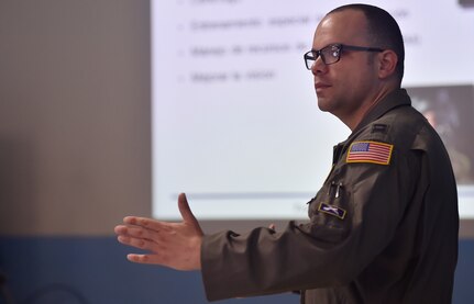 U.S. Air Force Capt. Ricardo Sequeira, 628th Medical Operations Support Squadron and 14th Airlift Squadron flight surgeon, Joint Base Charleston, South Carolina, talks about aerospace medicine with Honduran air force members as part of a subject matter expert exchange in Tegucigalpa, Honduras, April 4. The global health engagement brought U.S. and Honduran counterparts together to build and strengthen partner relationships.