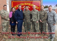 The Joint Non-Lethal Weapons Program’s Joint Coordination and Integration Group (JCIG) Voting Principals met to discuss program priorities for the development and funding of NLWs Thursday, Feb. 9, 2017.  The members meet twice a year to review program progress and provide recommendations to the flag level Joint Integrated Product Team. Pictured from left to right: Col. Jesse Galvan, Dr. Shari Sauer, Capt. Jon Totte, Col. Rey Masinsin, Capt. Richard Hayes, Lt. Col. Seth Crawford, and Col. Christopher DeGuelle.