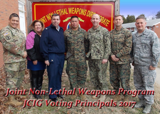 The Joint Non-Lethal Weapons Program’s Joint Coordination and Integration Group (JCIG) Voting Principals met to discuss program priorities for the development and funding of NLWs Thursday, Feb. 9, 2017.  The members meet twice a year to review program progress and provide recommendations to the flag level Joint Integrated Product Team. Pictured from left to right: Col. Jesse Galvan, Dr. Shari Sauer, Capt. Jon Totte, Col. Rey Masinsin, Capt. Richard Hayes, Lt. Col. Seth Crawford, and Col. Christopher DeGuelle.