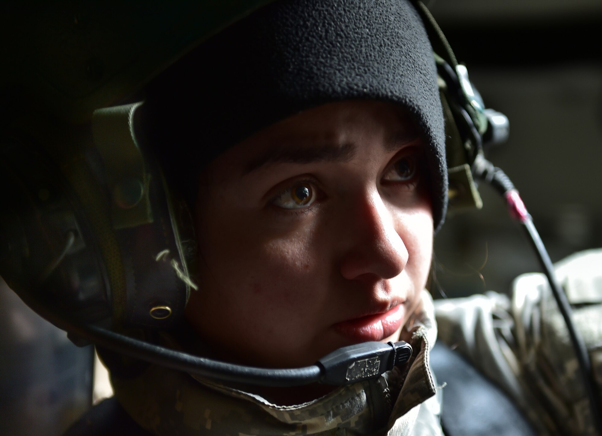 Army Sgt. Mayra Haynes, a native of Anaheim, Calif., assigned to the 95th Chemical Company, “Arctic Dragons”, 17th Combat Sustainment Support Battalion, U.S. Army Alaska, performs a radio check before a gunnery live-fire exercise with M1135 Stryker Nuclear Biological Chemical Reconnaissance Vehicles on Joint Base Elmendorf-Richardson, Alaska, April 5, 2017.  The gunnery tested Soldier’s proficiency with identifying, engaging, and eliminating hostile targets while increasing combat effectiveness. The Styker NBCRV provides Nuclear, Biological, and Chemical detection and surveillance for battlefield visualization, and situational awareness to increase unit combat power.  The core of the NBCRV is its on-board integrated NBC sensor suite, and integrated meteorological system.  An NBC positive overpressure system minimizes cross-contamination of samples and detection instruments, provides crew protection, and allows extended operation at Mission Oriented Protective Posture. 