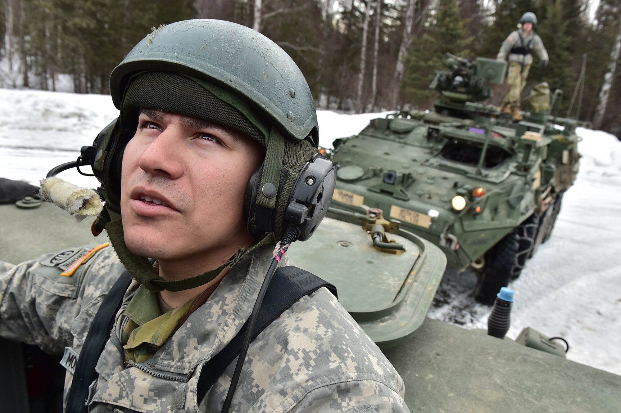 Army Staff Sgt. Jonathan Montemayor, a native of San Antonio, Texas, assigned to the 95th Chemical Company, “Arctic Dragons”, 17th Combat Sustainment Support Battalion, U.S. Army Alaska, gives orders to fellow Soldiers before a gunnery live-fire exercise with M1135 Stryker Nuclear Biological Chemical Reconnaissance Vehicles on Joint Base Elmendorf-Richardson, Alaska, April 5, 2017.  The gunnery tested Soldier’s proficiency with identifying, engaging, and eliminating hostile targets while increasing combat effectiveness. The Styker NBCRV provides Nuclear, Biological, and Chemical detection and surveillance for battlefield visualization, and situational awareness to increase unit combat power.  The core of the NBCRV is its on-board integrated NBC sensor suite, and integrated meteorological system.  An NBC positive overpressure system minimizes cross-contamination of samples and detection instruments, provides crew protection, and allows extended operation at Mission Oriented Protective Posture. 