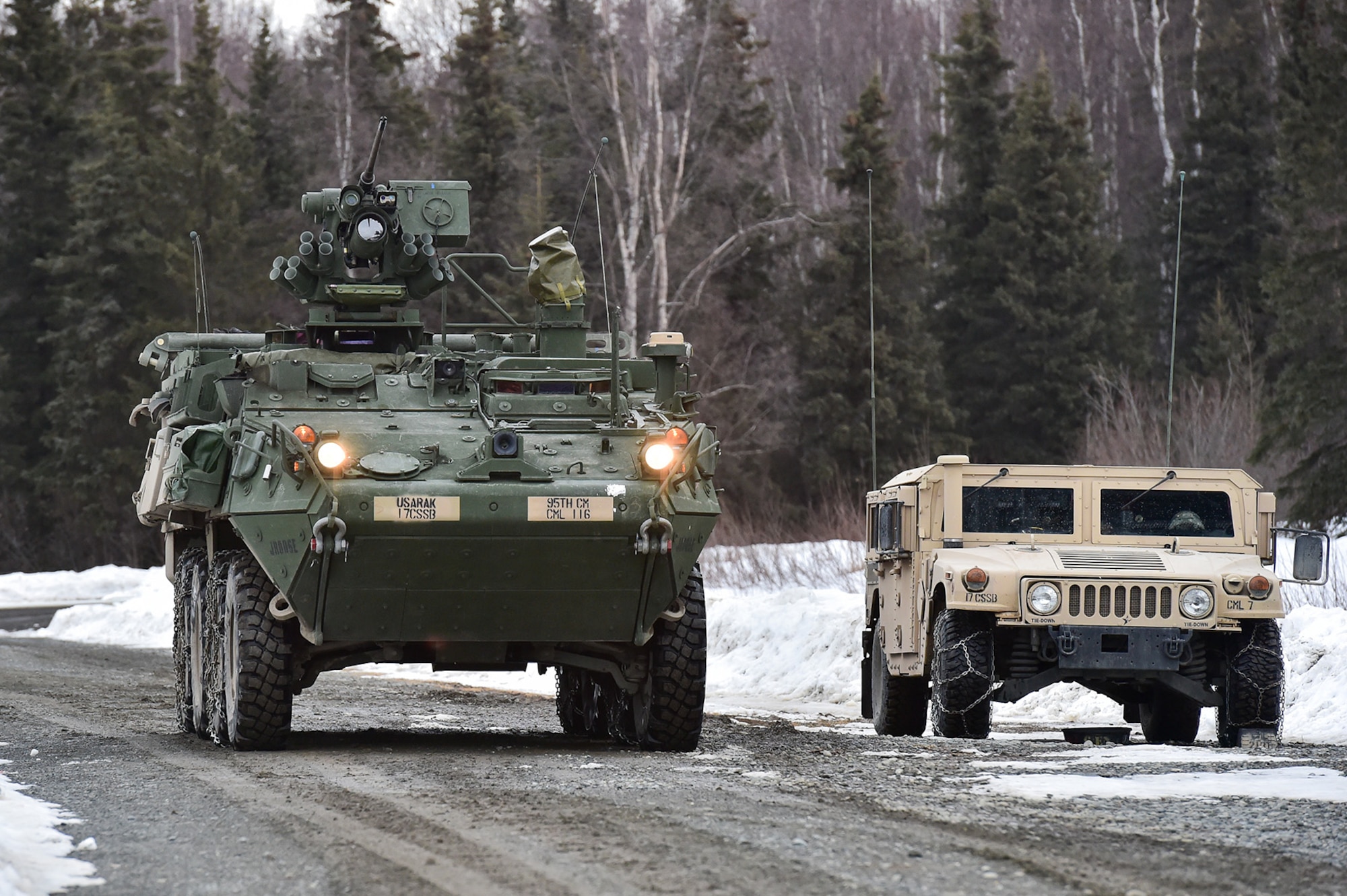 Soldiers assigned to the 95th Chemical Company, “Arctic Dragons”, 17th Combat Sustainment Support Battalion, U.S. Army Alaska, wait for the order to execute a gunnery live-fire exercise with M1135 Stryker Nuclear Biological Chemical Reconnaissance Vehicles on Joint Base Elmendorf-Richardson, Alaska, April 5, 2017.  The gunnery tested Soldier’s proficiency with identifying, engaging, and eliminating hostile targets while increasing combat effectiveness. The Styker NBCRV provides Nuclear, Biological, and Chemical detection and surveillance for battlefield visualization, and situational awareness to increase unit combat power.  The core of the NBCRV is its on-board integrated NBC sensor suite, and integrated meteorological system.  An NBC positive overpressure system minimizes cross-contamination of samples and detection instruments, provides crew protection, and allows extended operation at Mission Oriented Protective Posture. 