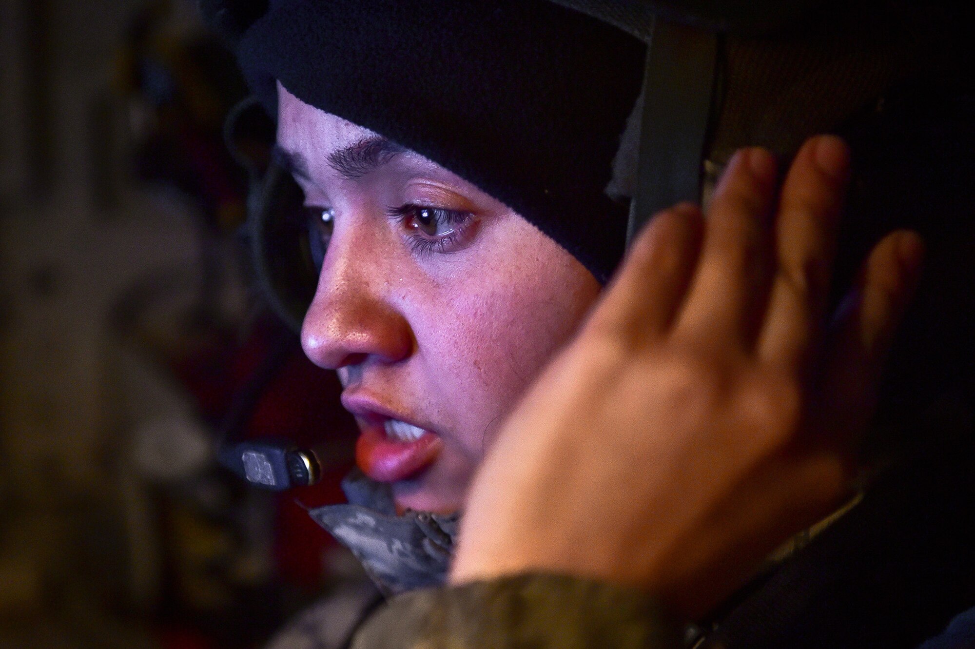 Army Sgt. Mayra Haynes, a native of Anaheim, Calif., assigned to the 95th Chemical Company, “Arctic Dragons”, 17th Combat Sustainment Support Battalion, U.S. Army Alaska, communicates with her squad leader as she engages a target during a gunnery live-fire exercise with M1135 Stryker Nuclear Biological Chemical Reconnaissance Vehicles on Joint Base Elmendorf-Richardson, Alaska, April 5, 2017.  The gunnery tested Soldier’s proficiency with identifying, engaging, and eliminating hostile targets while increasing combat effectiveness. The Styker NBCRV provides Nuclear, Biological, and Chemical detection and surveillance for battlefield visualization, and situational awareness to increase unit combat power.  The core of the NBCRV is its on-board integrated NBC sensor suite, and integrated meteorological system.  An NBC positive overpressure system minimizes cross-contamination of samples and detection instruments, provides crew protection, and allows extended operation at Mission Oriented Protective Posture. 