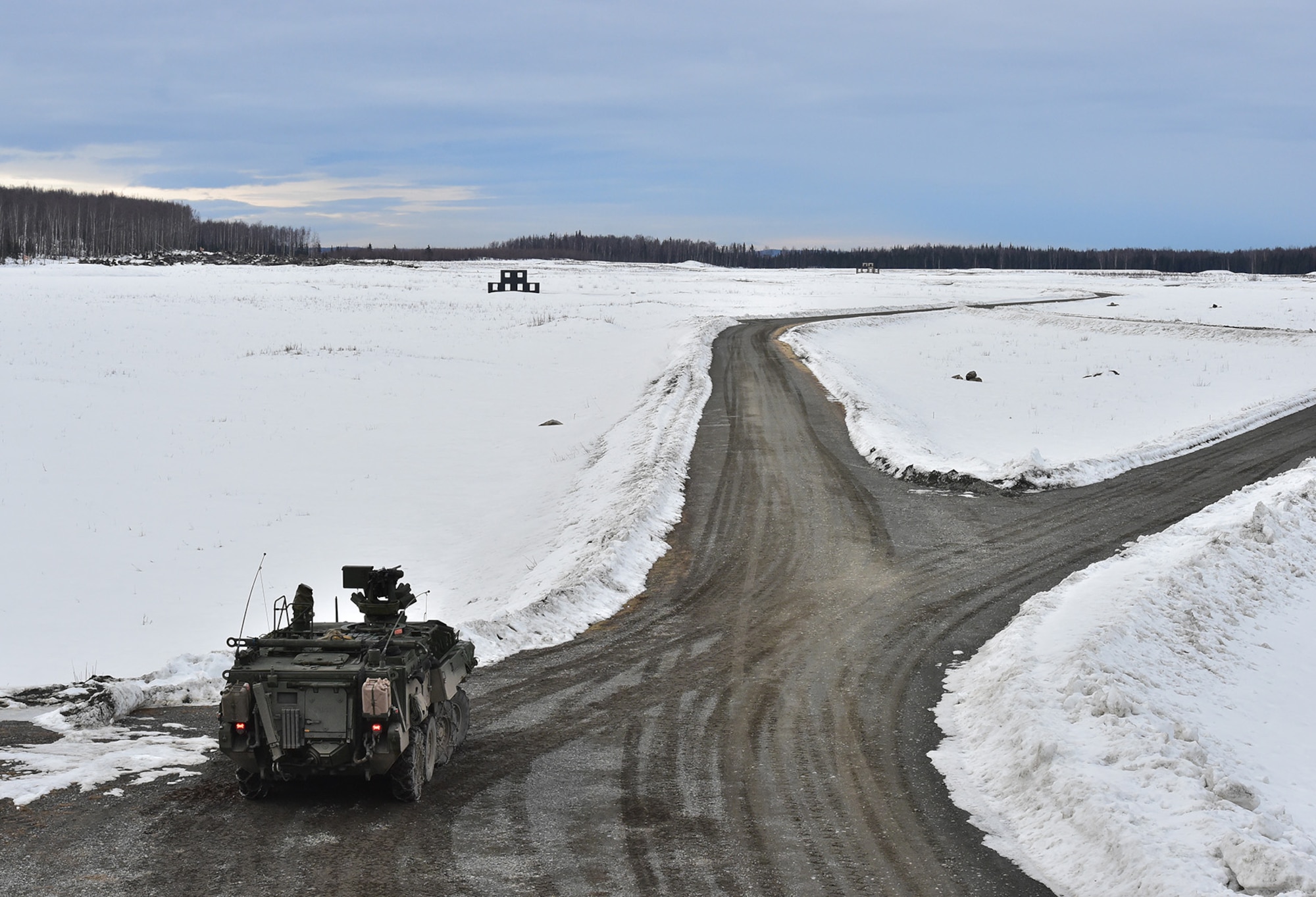 Soldiers assigned to the 95th Chemical Company, “Arctic Dragons”, 17th Combat Sustainment Support Battalion, U.S. Army Alaska, execute a gunnery live-fire exercise with M1135 Stryker Nuclear Biological Chemical Reconnaissance Vehicles on Joint Base Elmendorf-Richardson, Alaska, April 5, 2017.  The gunnery tested Soldier’s proficiency with identifying, engaging, and eliminating hostile targets while increasing combat effectiveness. The Styker NBCRV provides Nuclear, Biological, and Chemical detection and surveillance for battlefield visualization, and situational awareness to increase unit combat power.  The core of the NBCRV is its on-board integrated NBC sensor suite, and integrated meteorological system.  An NBC positive overpressure system minimizes cross-contamination of samples and detection instruments, provides crew protection, and allows extended operation at Mission Oriented Protective Posture. 