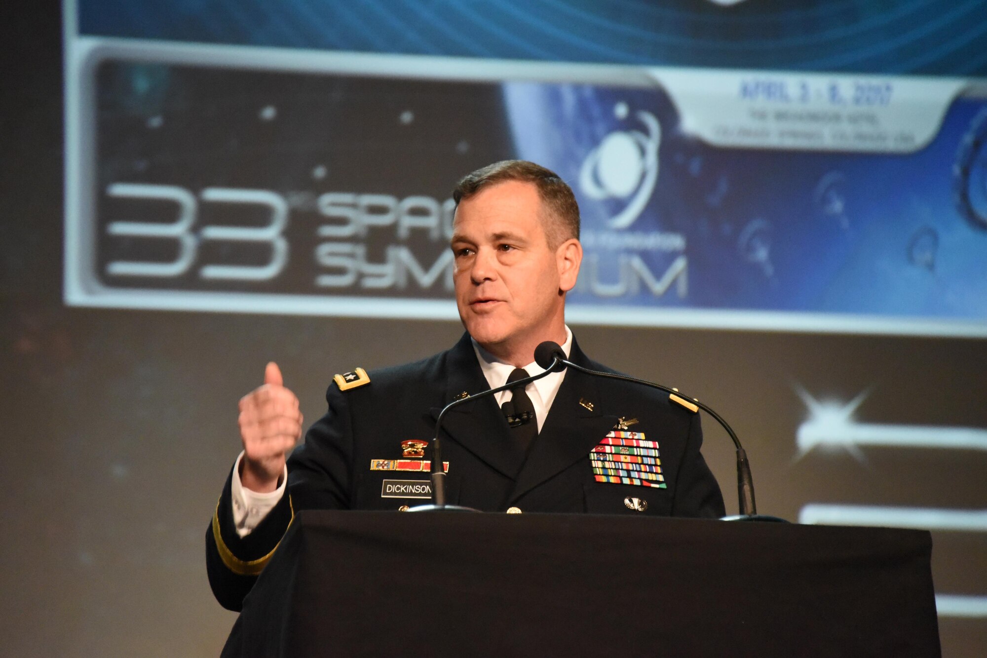 COLORADO SPRINGS, Colo. - Lt. Gen. James Dickinson, commanding general, U.S. Army Space and Missile Defense Command/Army Forces Strategic Command and Joint Functional Component Command for Integrated Missile Defense, talks about the importance of space capabilities and the people performing those missions during the 33rd Space Symposium in Colorado Springs, Colo., April 6. (Photo Credit: Ms. Dottie K. White (USASMDCARSTRAT))