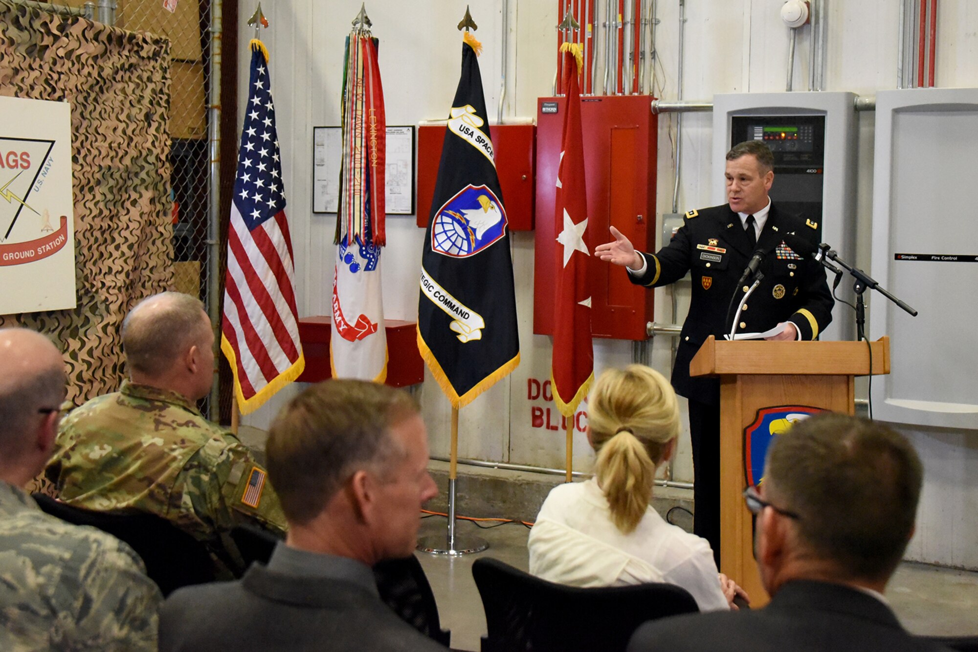 COLORADO SPRINGS, Colo. - Lt. Gen. James Dickinson, commanding general, U.S. Army Space and Missile Defense Command/Army Forces Strategic Command gives remarks during the Joint Tactical Ground Station Dr. Peter G. Pappas Training Facility dedication in Colorado Springs, Colo., April 6. (Photo Credit: Ms. Dottie K. White (USASMDCARSTRAT))