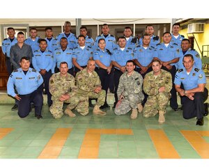 Staff Sgt. José Alequin, Joint Task Force-Bravo Joint Security Forces, shows participants how to properly immobilize a person during a Subject Matter Expert Exchange between JSF and local public forces in Comayagua.
