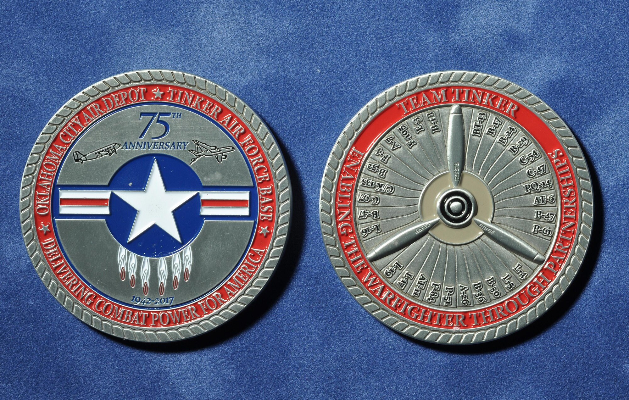 The front (left) and back of Tinker's 75th Anniversary coin. The front features the anniversary logo, while the back lists many of the aircraft that have gone through depot maintenance at Tinker, starting with the BT-13 and working around the fan blades to the B-1.
