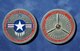 The front (left) and back of Tinker's 75th Anniversary coin. The front features the anniversary logo, while the back lists many of the aircraft that have gone through depot maintenance at Tinker, starting with the BT-13 and working around the fan blades to the B-1.