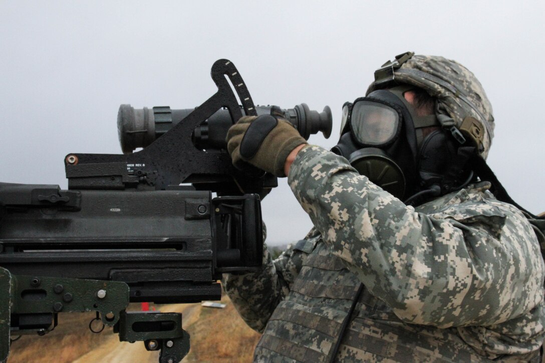 U.S. Army Reserve Sgt. 1st Class Mario Hernandez, 366th Engineer Company, 412th Theater Engineer Command adjusts the elevation of an MK19 automatic grenade launcher while completing blank fire during Operation Cold Steel at Fort McCoy, Wis., April 10, 2017. Operation Cold Steel is the U.S. Army Reserve's crew-served weapons qualification and validation exercise to ensure that America's Army Reserve units and Soldiers are trained and ready to deploy on short-notice and bring combat-ready and lethal firepower in support of the Army and our joint partners anywhere in the world. (U.S. Army Reserve photo by Staff Sgt. Debralee Best, 84th Training Command)