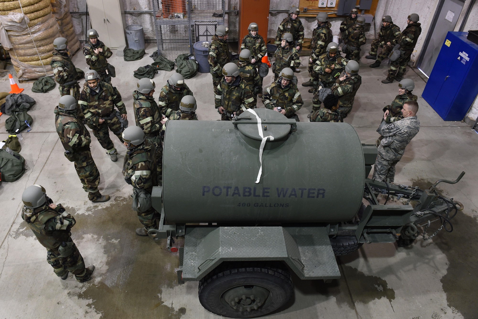 Airmen participate in Exercise Polar Force 17-4 at Joint Base Elmendorf-Richardson, Alaska, April 6, 2017. During the routine training exercise, Airmen donned Mission Oriented Protective Posture gear and engaged in various scenarios which tested their ability to handle real-world situations. 
