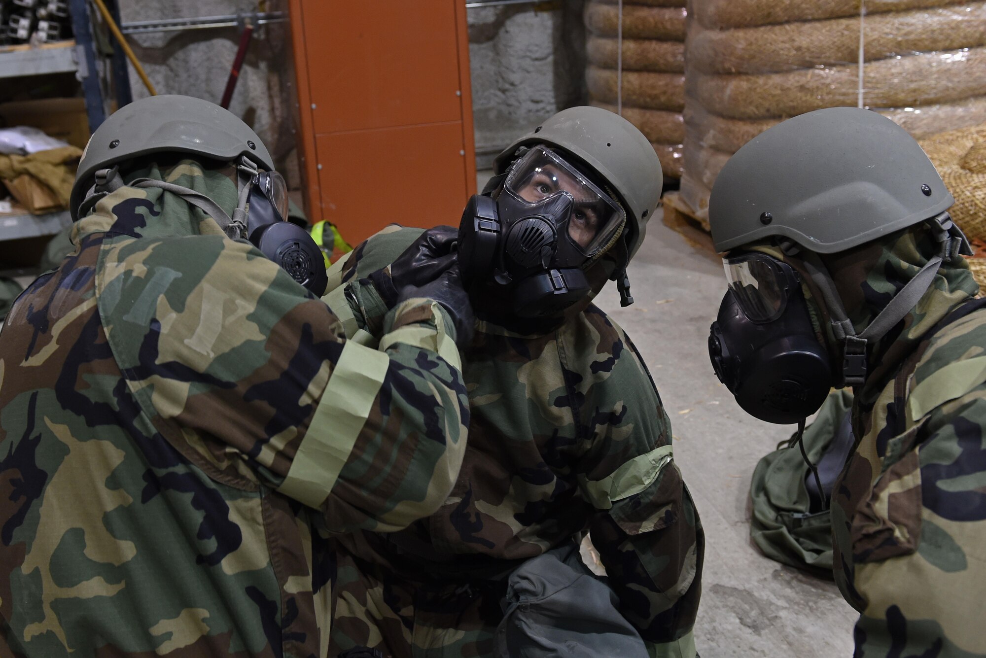 Airmen participate in Exercise Polar Force 17-4 at Joint Base Elmendorf-Richardson, Alaska, April 6, 2017. During the routine training exercise, Airmen donned Mission Oriented Protective Posture gear and engaged in various scenarios which tested their ability to handle real-world situations. 