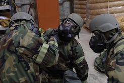 Airmen participate in Exercise Polar Force 17-4 at Joint Base Elmendorf-Richardson, Alaska, April 6, 2017. During the routine training exercise, Airmen donned Mission Oriented Protective Posture gear and engaged in various scenarios which tested their ability to handle real-world situations. 