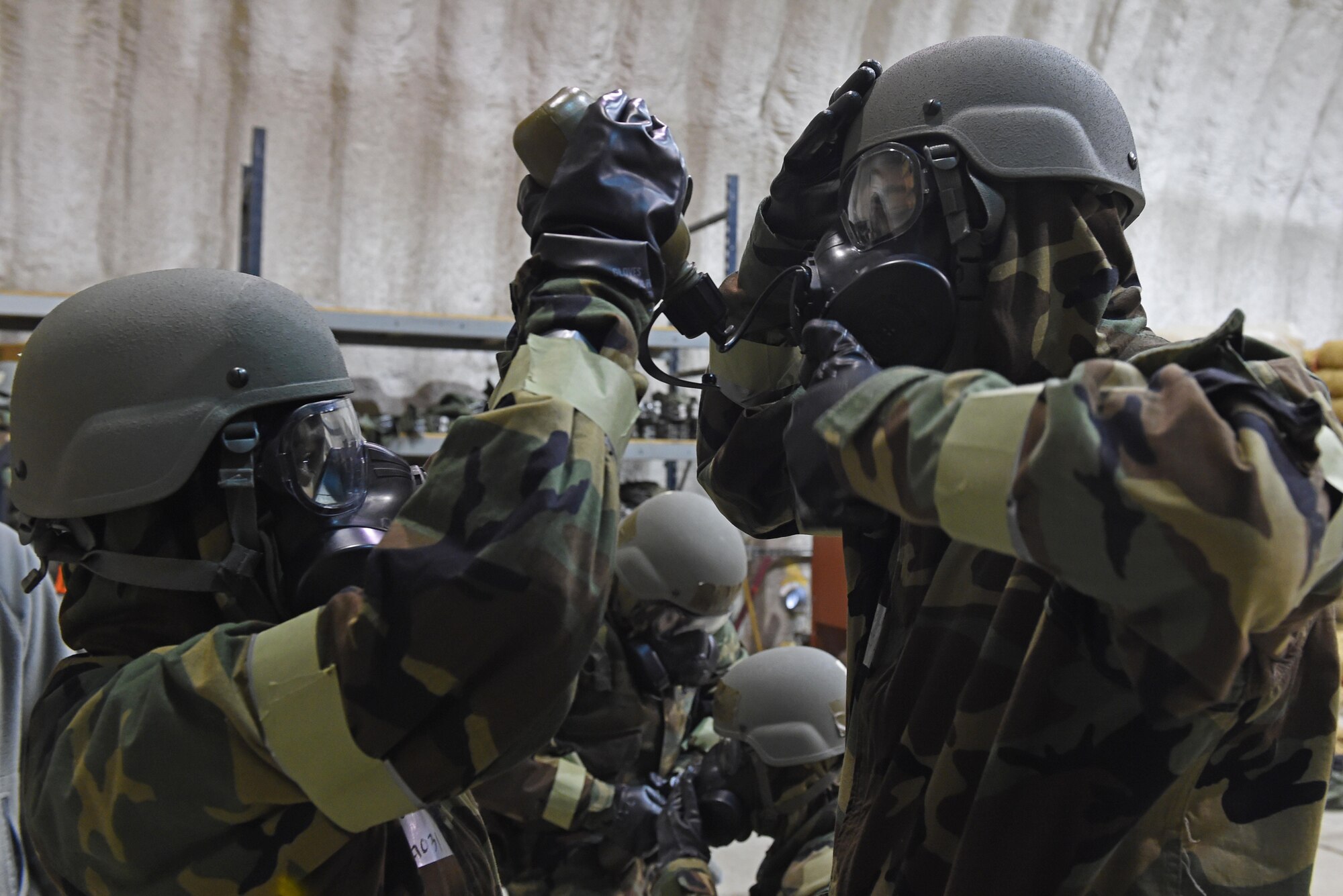 Airmen participate in Exercise Polar Force 17-4 at Joint Base Elmendorf-Richardson, Alaska, April 6, 2017. During the routine training exercise, Airmen donned Mission Oriented Protective Posture gear and engaged in various scenarios which tested their ability to handle real-world situations. 