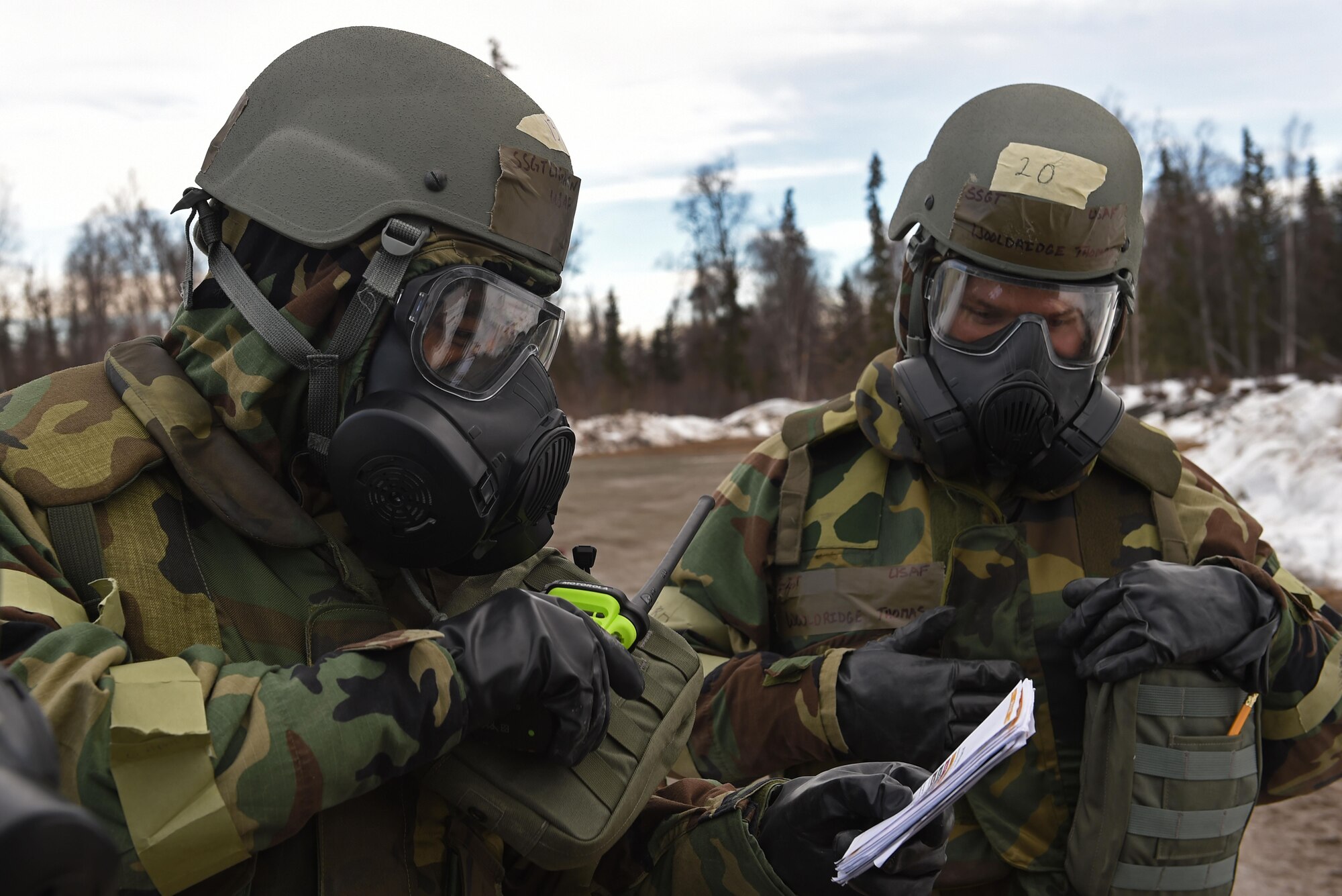 Airmen participate in Exercise Polar Force 17-4 at Joint Base Elmendorf-Richardson, Alaska, April 6, 2017. During the routine training exercise, Airmen donned Mission Oriented Protective Posture gear and engaged in various scenarios which tested their ability to handle real-world situations.