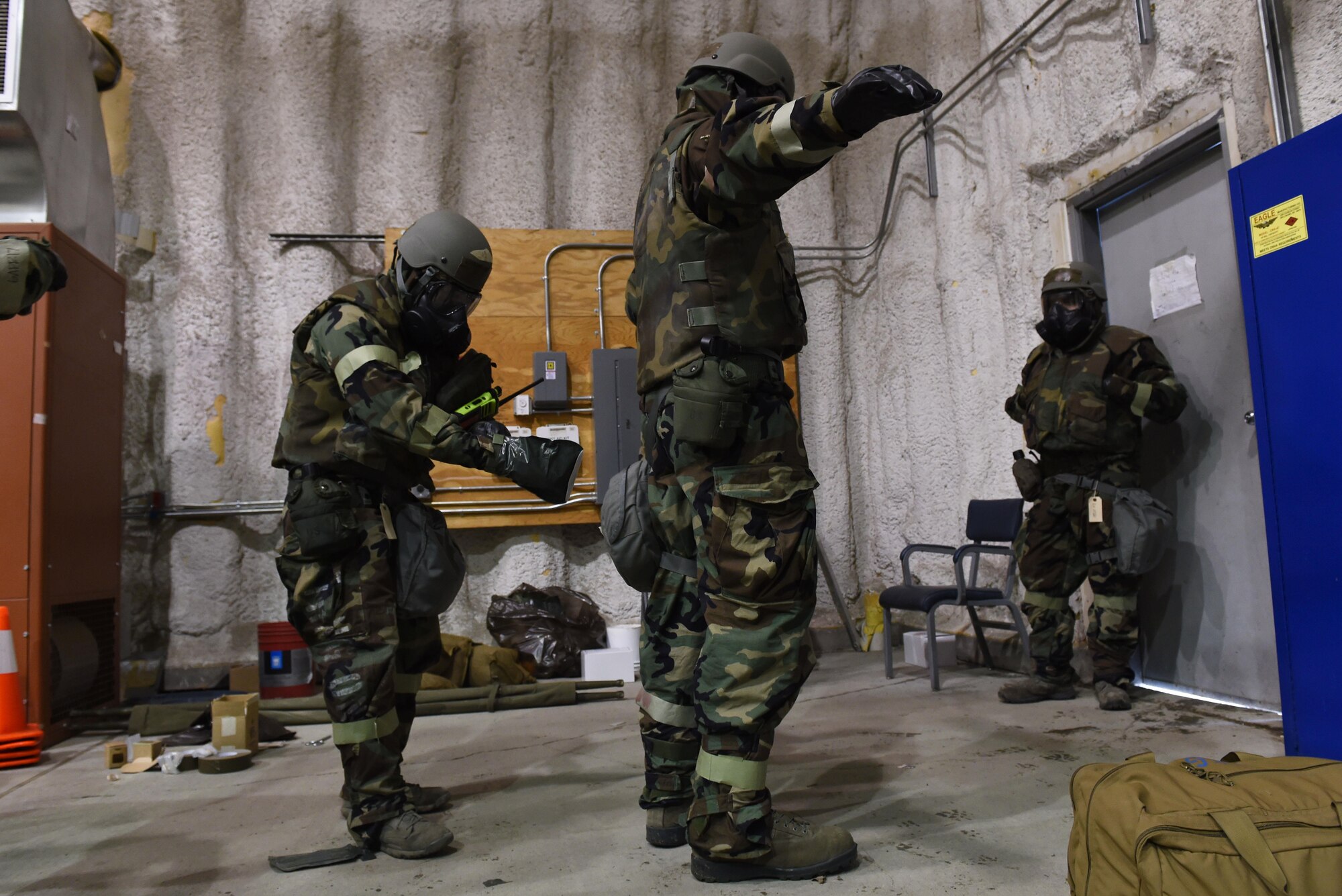 Airmen participate in Exercise Polar Force 17-4 at Joint Base Elmendorf-Richardson, Alaska, April 6, 2017. During the routine training exercise, Airmen donned Mission Oriented Protective Posture gear and engaged in various scenarios which tested their ability to handle real-world situations. 