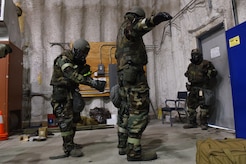 Airmen participate in Exercise Polar Force 17-4 at Joint Base Elmendorf-Richardson, Alaska, April 6, 2017. During the routine training exercise, Airmen donned Mission Oriented Protective Posture gear and engaged in various scenarios which tested their ability to handle real-world situations. 