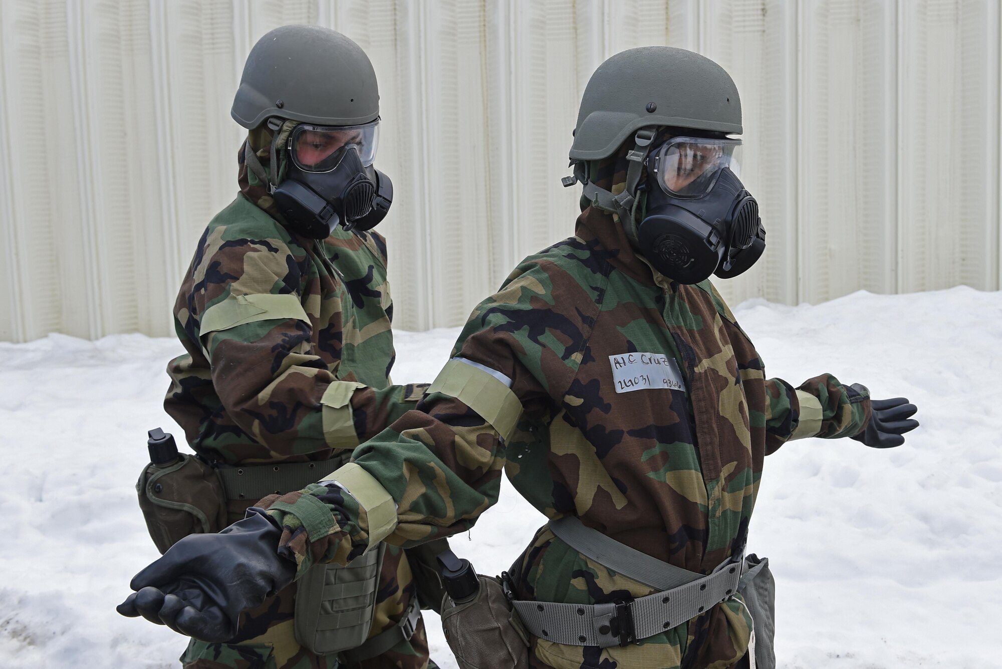 Airmen participate in Exercise Polar Force 17-4 at Joint Base Elmendorf-Richardson, Alaska, April 6, 2017. During the routine training exercise, Airmen donned Mission Oriented Protective Posture gear and engaged in various scenarios which tested their ability to handle real-world situations. 