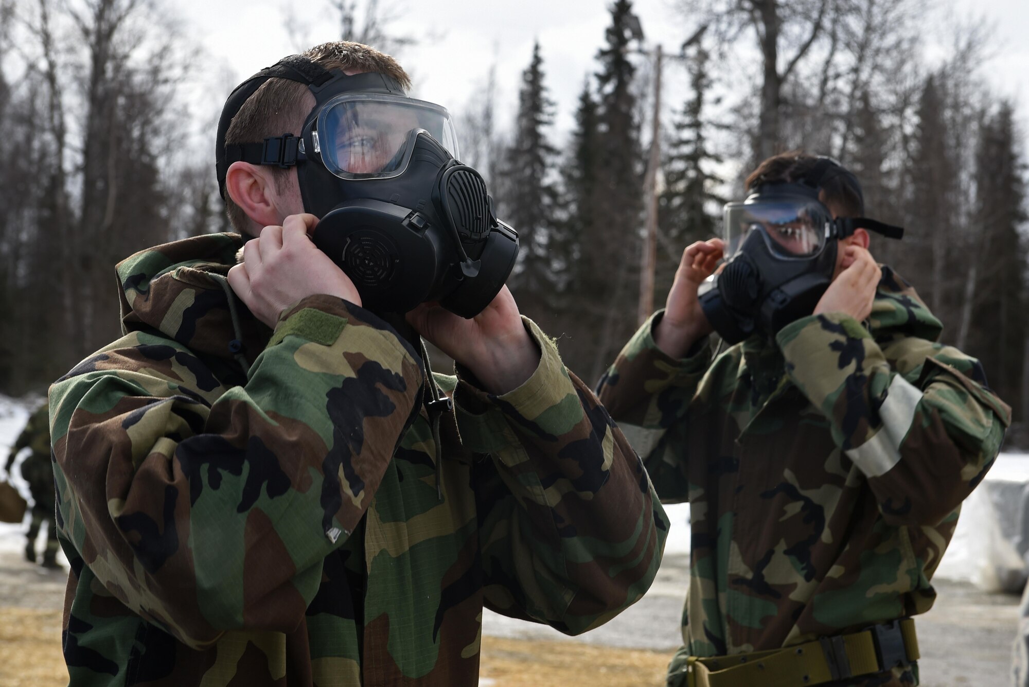 Airmen participate in Exercise Polar Force 17-4 at Joint Base Elmendorf-Richardson, Alaska, April 6, 2017. During the routine training exercise, Airmen donned Mission Oriented Protective Posture gear and engaged in various scenarios which tested their ability to handle real-world situations. 