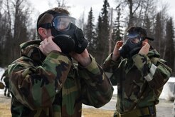 Airmen participate in Exercise Polar Force 17-4 at Joint Base Elmendorf-Richardson, Alaska, April 6, 2017. During the routine training exercise, Airmen donned Mission Oriented Protective Posture gear and engaged in various scenarios which tested their ability to handle real-world situations. 