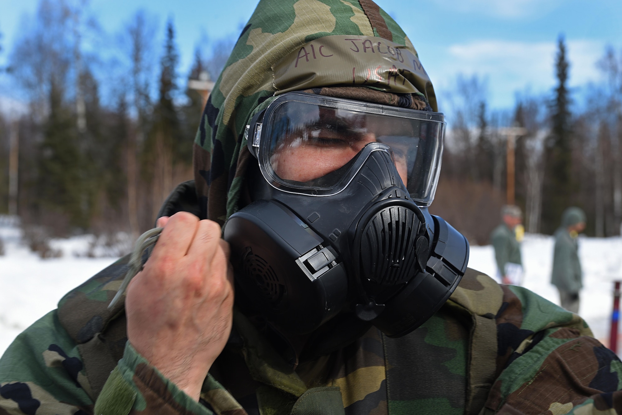 Airmen participate in Exercise Polar Force 17-4 at Joint Base Elmendorf-Richardson, Alaska, April 6, 2017. During the routine training exercise, Airmen donned Mission Oriented Protective Posture gear and engaged in various scenarios which tested their ability to handle real-world situations. 