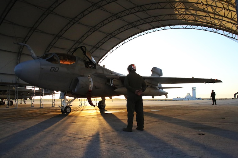 MARINE CORPS AIR STATION CHERRY POINT, N.C. — An EA-6B Prowler is inspected and prepared for deployment from Marine Corps Air Station Cherry Point, N.C., March 29, 2017. The mission of Marine Tactical Electronic Warfare Squadron 3, Marine Aircraft Group 14, 2nd Marine Aircraft Wing, during the deployment will be to conduct airborne electronic warfare in support of operations. This includes the EA-6B Prowler’s unique ability to suppress enemy radar and surface-to-air missiles utilizing electronic jamming and high-speed anti-radiation missiles, as well as collect tactical intelligence in a passive electronic support role. (U.S. Marine Corps photo by Cpl. Mackenzie Gibson/ Released)