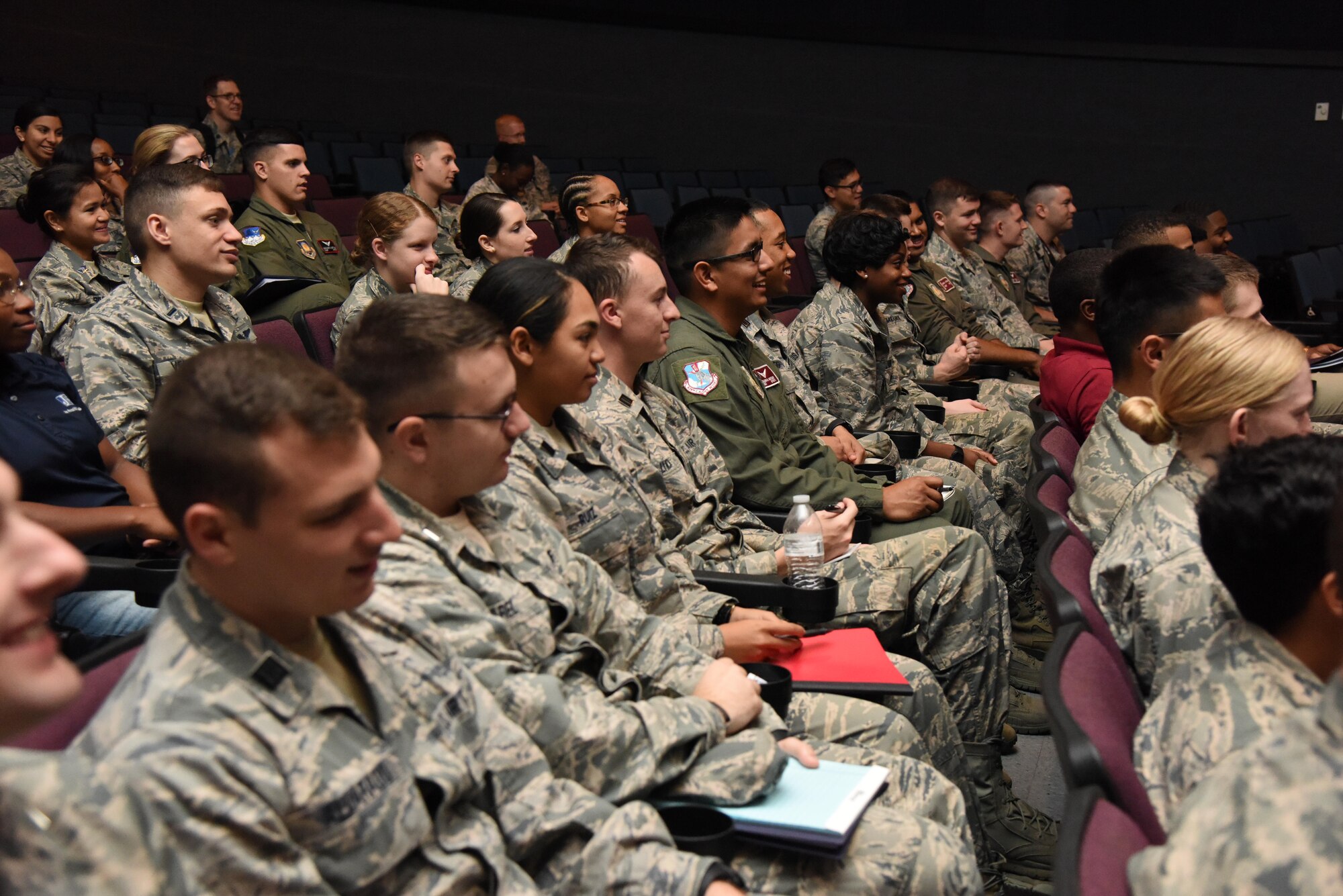 Air Force ROTC cadets attend welcoming briefs in the Welch Theater during Pathways to Blue April 7, 2017, on Keesler Air Force Base, Miss. Pathways to Blue, an annual event hosted by 2nd Air Force with the support of the 81st Training Wing and the 403rd Wing allowed cadets to receive hands-on briefings with technical and flying operations and an orientation flight in support of the Air Force's Diversity Strategic Roadmap program. (U.S. Air Force photo by Kemberly Groue)
