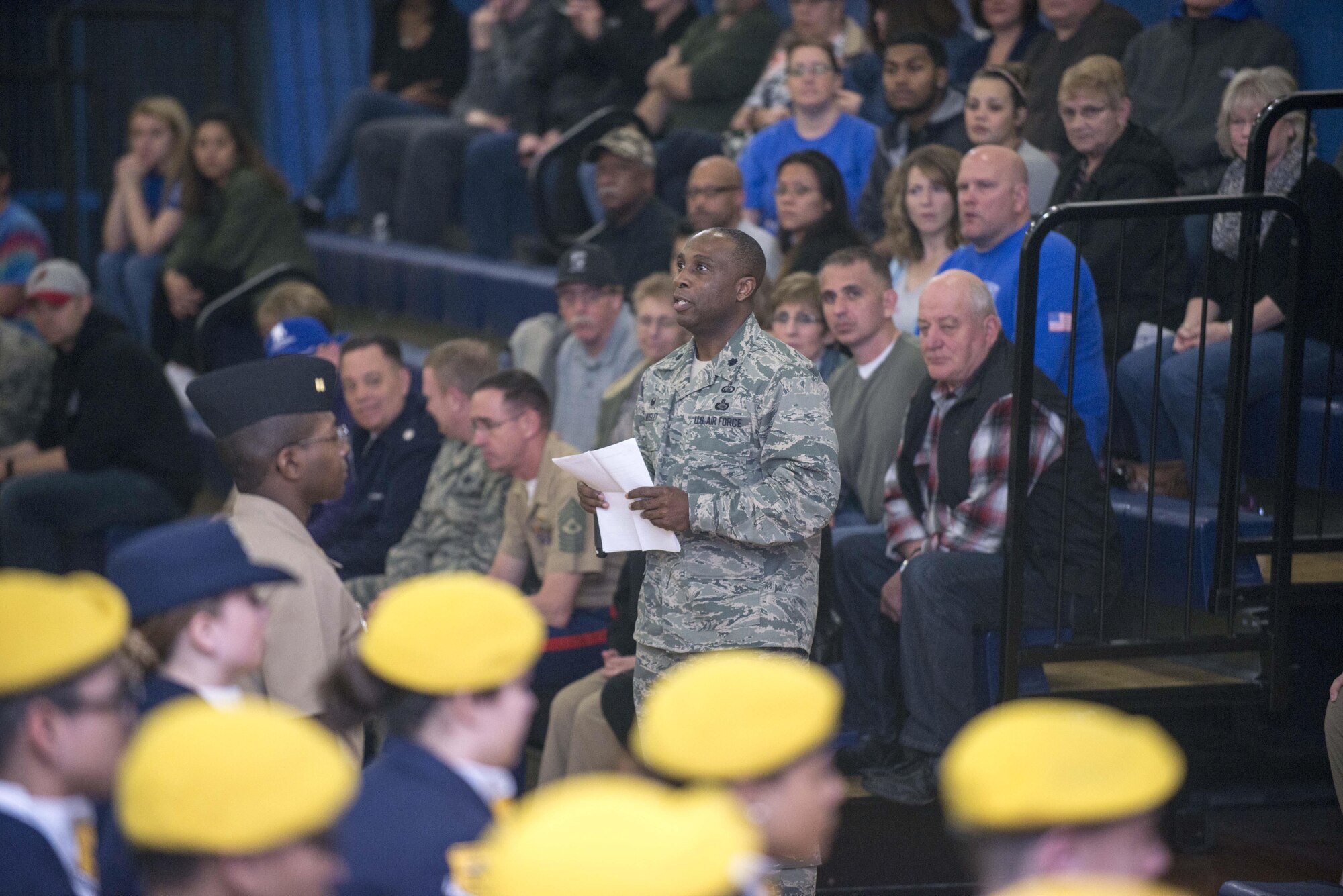Lt. Col. Arnold Mosley, 436th Force Support Squadron commander, speaks before the start of the 2017 Delaware State Junior Reserve Officer Training Corps Drill Competition April 8, 2017, on Dover Air Force Base, Del. The drill competition was held at the Dover AFB Middle School and Welch Elementary School on base. (U.S. Air Force photo by Staff Sgt. Jared Duhon)