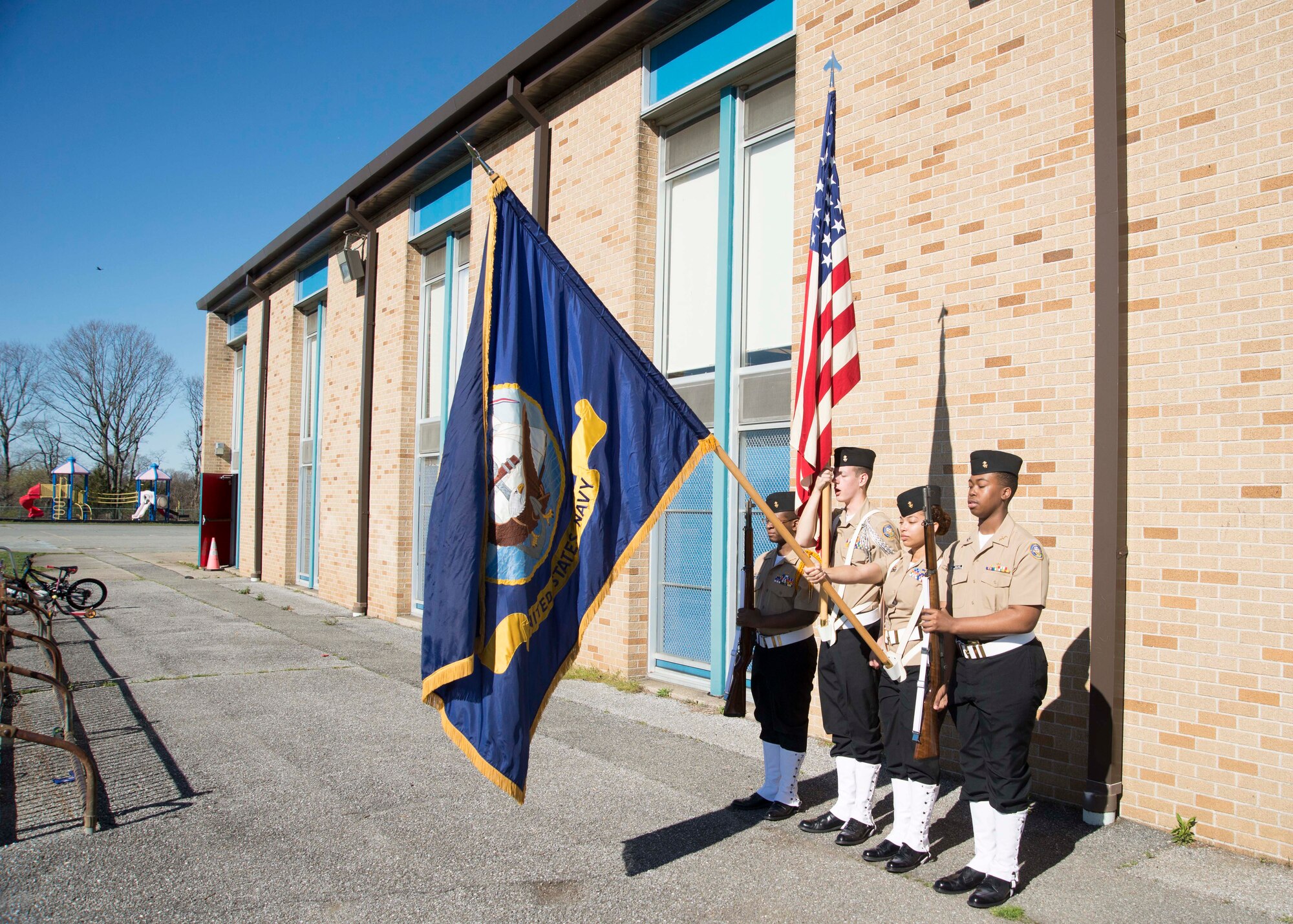 Christiana High School Junior Reserve Officer Training Corps color guard practice movements during the 2017 Delaware State JROTC Drill Competition April 8, 2017, on Dover Air Force Base, Del. The Army, Navy, Marine Corps and Air Force were represented by JROTC cadets, totaling 250 students from nine schools. (U.S. Air Force photo by Staff Sgt. Jared Duhon)
