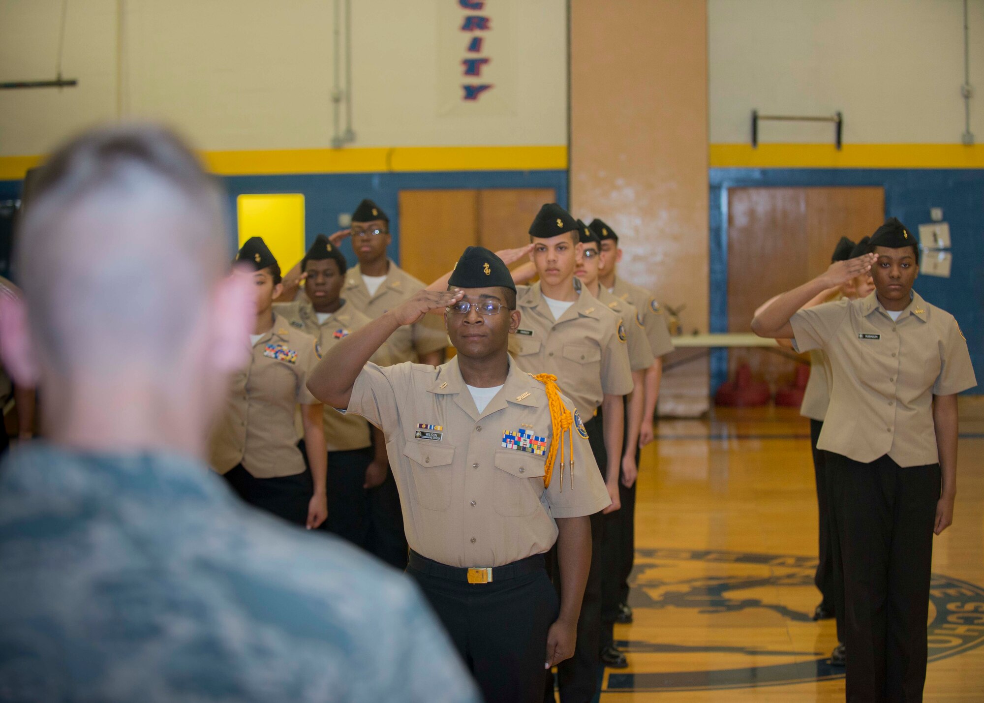 Cadet Kyree Wilson, Christiana High School Junior Reserve Officer Training Corps executive officer, requests permission from a judge during the 2017 Delaware State JROTC Drill Competition April 8, 2017, on Dover Air Force Base, Del. Cadets were graded on a variety of tasks including facing movements, reporting instructions, and ability to keep formations within set limits.  (U.S. Air Force photo by Staff Sgt. Jared Duhon)