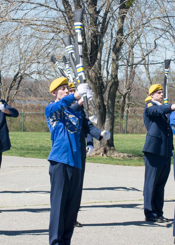 Junior Reserve Officer Training Corps cadets from Caesar Rodney High School practice armed exhibition during the 2017 Delaware State JROTC Drill Competition April 8, 2017, on Dover Air Force Base, Del. There were six events that JROTC teams could compete in; inspection, colors, armed and unarmed regulation, and armed and unarmed exhibition. (U.S. Air Force photo by Staff Sgt. Jared Duhon)