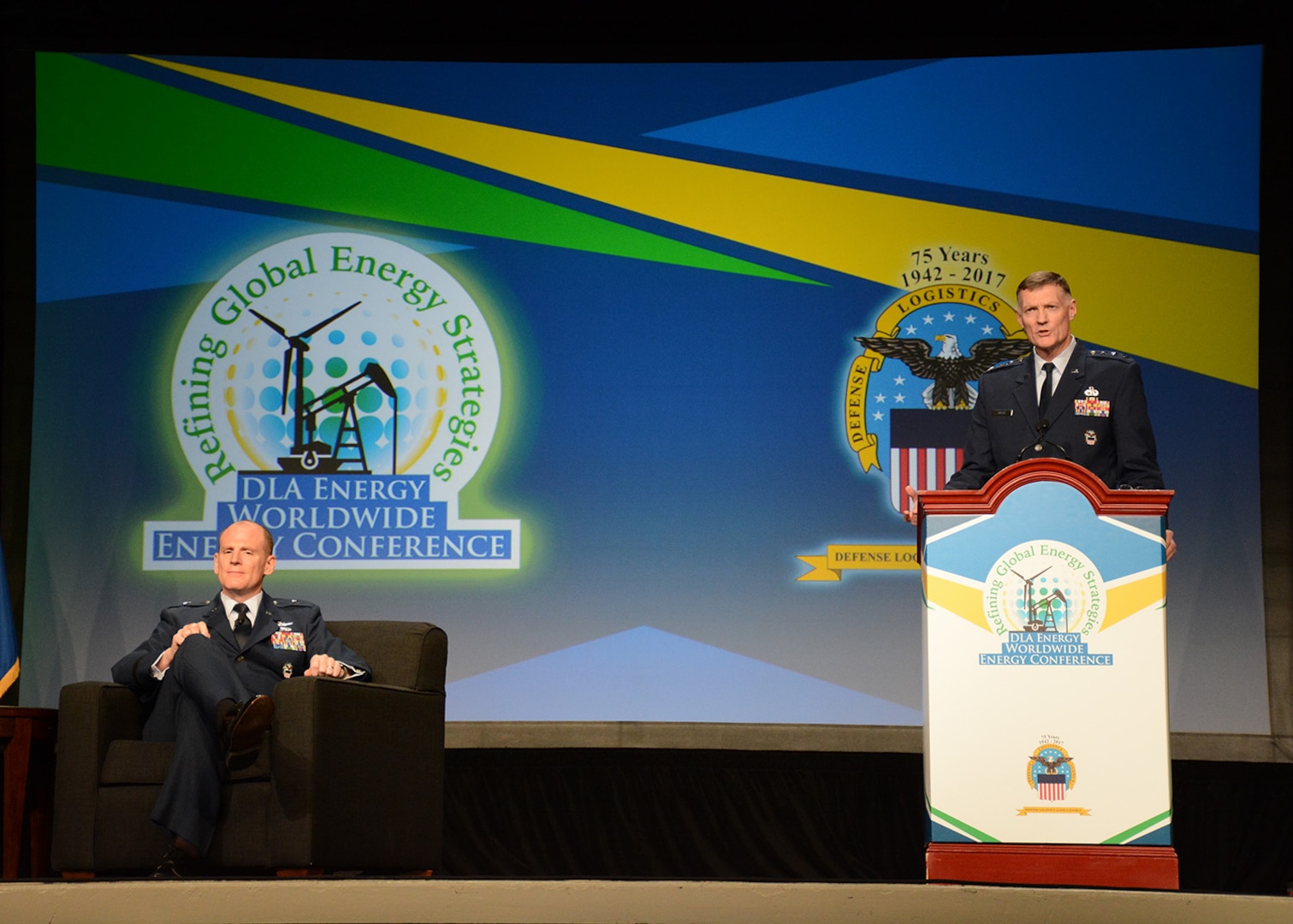 DLA Director Air Force Lt. Gen. Andy Busch provided opening remarks at the Worldwide Energy Conference trade show ceremony with DLA Energy Commander Air Force Brig. Gen. Martin Chapin looking on.