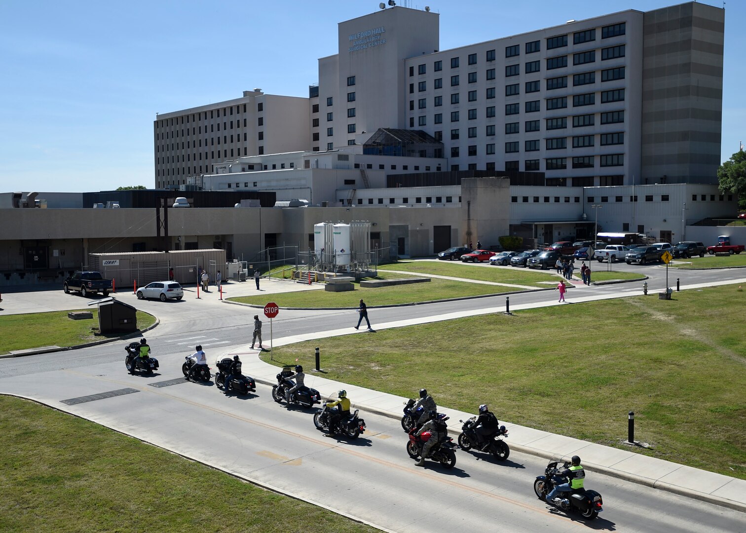 Motorcycle riders begin a 58-mile ride after the All Motorcycle Riders Call at the Wilford Hall Ambulatory Surgical Center April 7. The ride gave riders a chance to practice proper riding skills at slower speeds. (U.S. Air Force photo/Staff Sgt. Kevin Iinuma)
