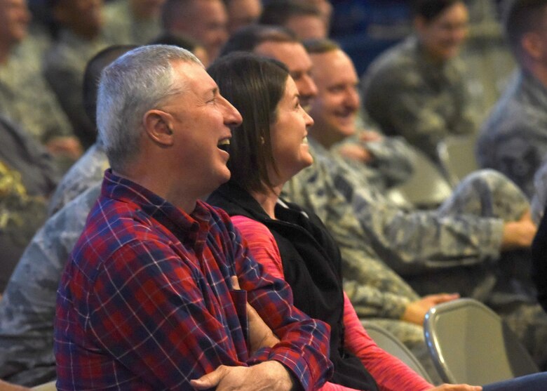 Audience members laugh during Ben Bailey’s comedy performance at Schriever Air Force Base, Colorado, Wednesday, April 5, 2017. Bailey entertained guests using jokes and storytelling. The performance, held in the base fitness center, brought Airmen together to share in the laughs. No one in the audience was safe, as Bailey poked jabs at various attendees. (U.S. Air Force photos/Airman 1st Class William Tracy)