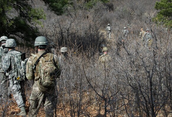 SCHRIEVER AIR FORCE BASE, Colo. -- Members participating in the 2017 Reduced Combat Leaders Course, held at the U.S. Air Force Academy in Colorado, move through brush-heavy mountains while keeping an eye out for cadre acting as insurgents on Friday, Apr. 7th, 2017. The course provides seven days of classroom and field training exercises that focus on developing combat leadership skills of junior non-commissioned officers and company grade officers in the Security Forces career field. (U.S. Air Force photo/Senior Airman Laura Turner)