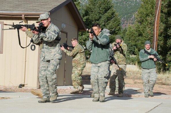 SCHREIVER AIR FORCE BASE, Colo. -- Members participating in the 2017 Reduced Combat Leaders Course, held at the U.S. Air Force Academy in Colorado, run through drills before heading into the mountains to practice combat scenarios on Friday, Apr. 7th, 2017. The course provides seven days of classroom and field training exercises that focus on developing combat leadership skills of junior non-commissioned officers and company grade officers in the Security Forces career field. (U.S. Air Force photo/Senior Airman Laura Turner)