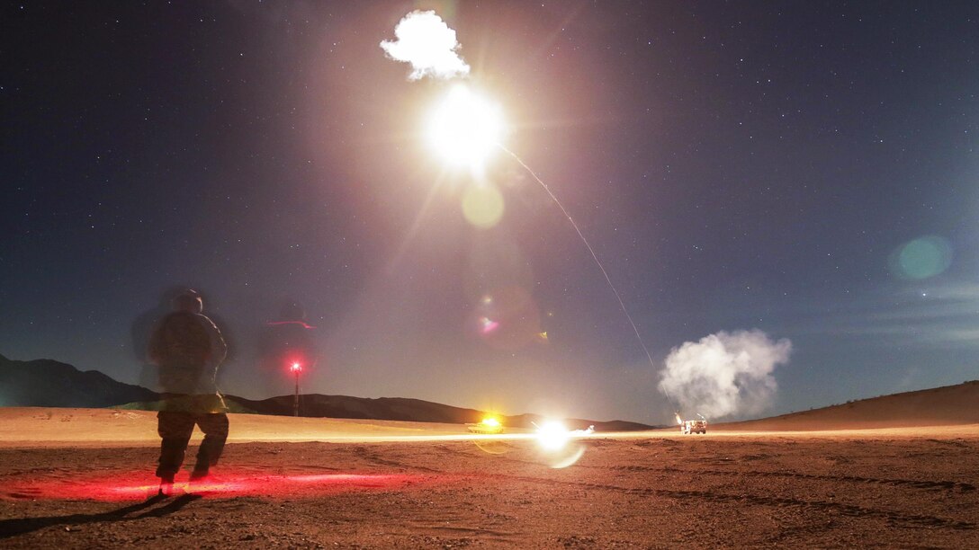 Soldiers react to simulated indirect fire during exercise Decisive Action Rotation 17-05 at the National Training Center at Fort Irwin, Calif., April 4, 2017. The soldiers are assigned to the 1st Battalion, 64th Armor Regiment. Army photo by Spc. Daniel Parrott