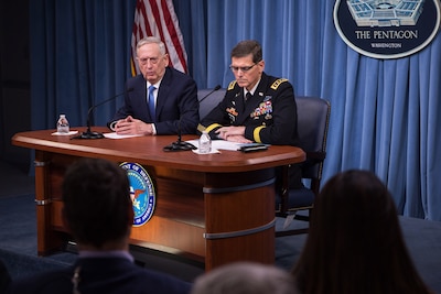 Defense Secretary Jim Mattis and Army Gen. Joseph Votel, commander of U.S. Central Command, brief reporters at the Pentagon, April 11, 2017. DoD photo by Air Force Staff Sgt. Jette Carr