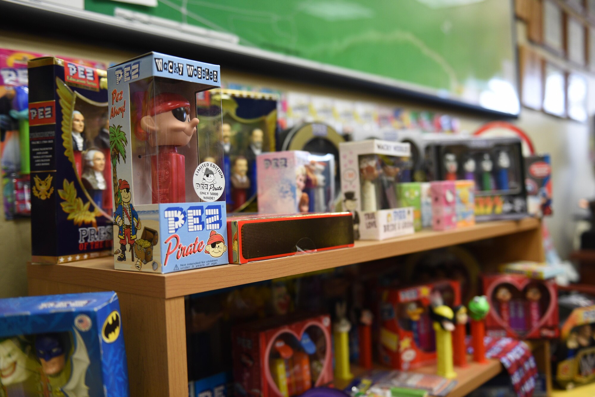 PEZ memorabilia lines the walls and floor of the office of Master Sgt. Linda DeMuro, 30th Operations Support Squadron airfield manager, April 3, 2017, Vandenberg Air Force Base, Calif. DeMuro, an avid PEZ collector, has been collecting PEZ memorabilia for two decades now and proudly displays the extensive collection around her office. (U.S. Air Force photo by Senior Airman Ian Dudley/Released)