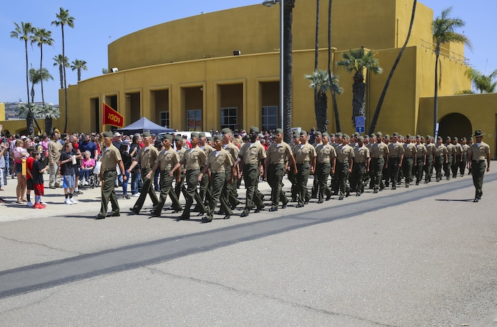 The new Marines of Alpha Company, 1st Recruit Training Battalion, embrace their loved ones during liberty call at Marine Corps Recruit Depot San Diego, today.
After nearly thirteen weeks of training, the Marines of Alpha Company will officially graduate from recruit training tomorrow.