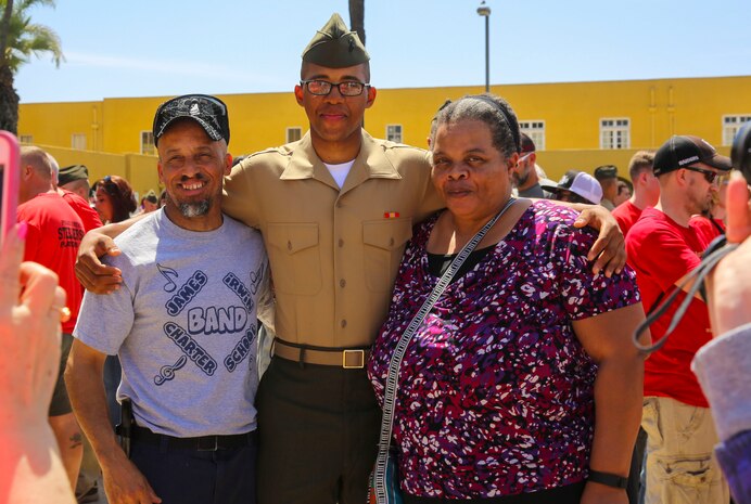 The new Marines of Alpha Company, 1st Recruit Training Battalion, embrace their loved ones during liberty call at Marine Corps Recruit Depot San Diego, today.
After nearly thirteen weeks of training, the Marines of Alpha Company will officially graduate from recruit training tomorrow.