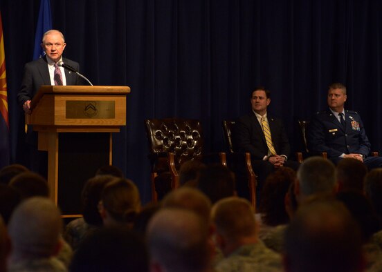 Attorney General of the United States Jefferson Sessions III addresses Airmen during an all-call held at Club Five Six April 11, 2017, at Luke Air Force Base, Ariz. Sessions went into detail about the Service Members Civil Relief Act, the Uniformed Services Employment and Reemployment Rights Act, and the Uniformed and Overseas Citizens Absentee Voting Act. (U.S. Air Force photo by Senior Airman Devante Williams)