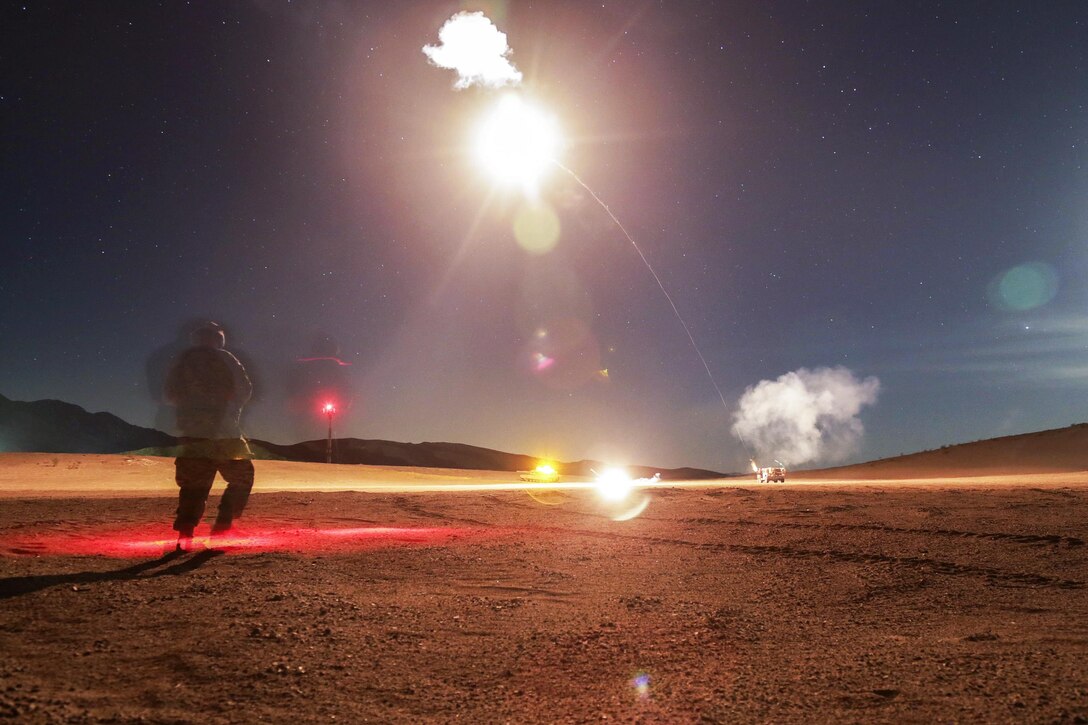 Soldiers react to simulated indirect fire during exercise Decisive Action Rotation 17-05 at the National Training Center at Fort Irwin, Calif., April 4, 2017. The soldiers are assigned to the 1st Battalion, 64th Armor Regiment. Army photo by Spc. Daniel Parrott