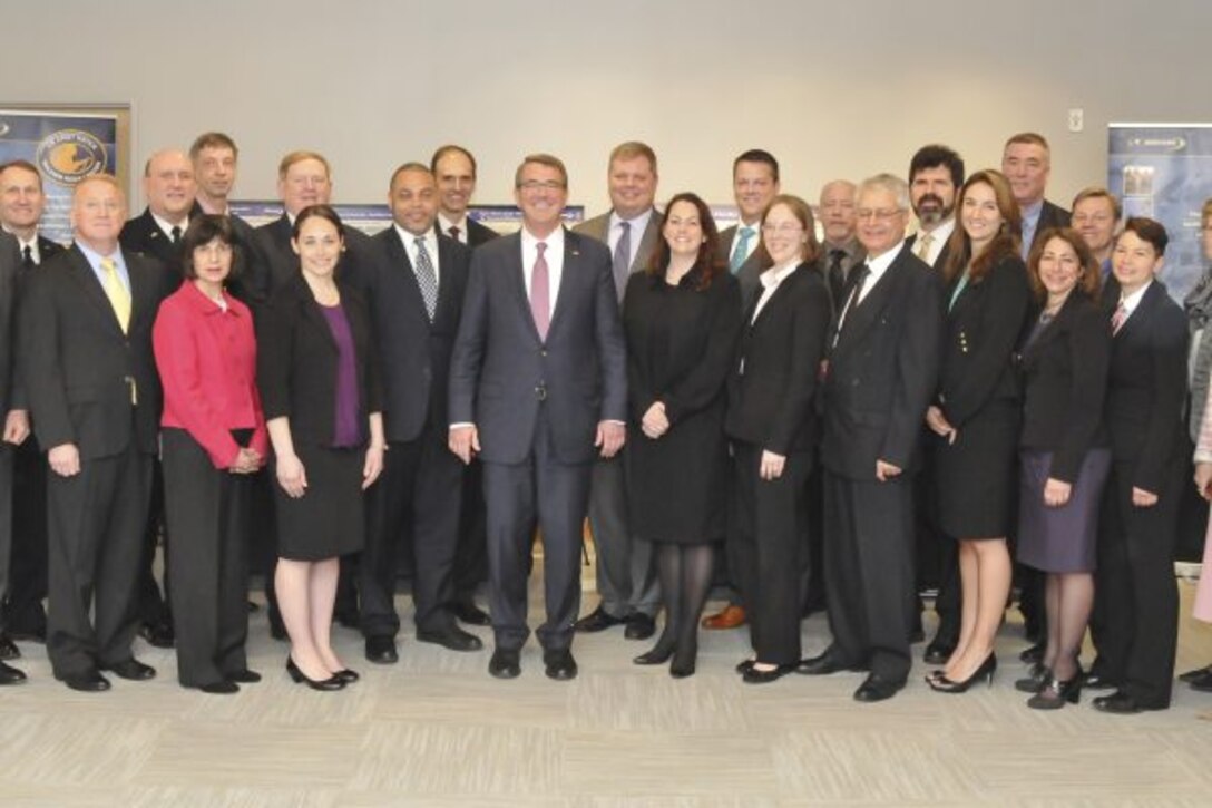 Secretary of Defense Ashton Carter with stakeholders from the new Revolutionary Fibers and Textiles institute and members of DoD’s ManTech program.