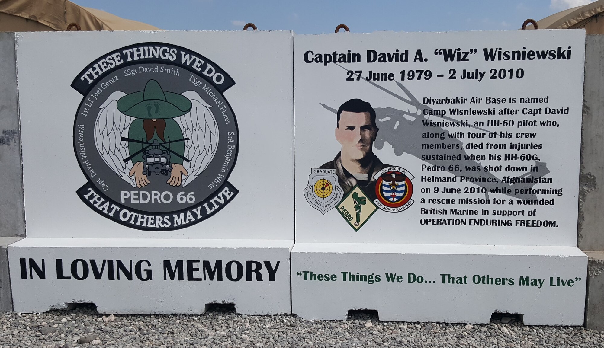 A memorial wall in honor of Capt. David A. “Wiz” Wisniewski is set outside the chapel, March 28, 2017, at Diyarbakir Air Base, Turkey. Wisniewski, an HH-60 Pave Hawk pilot, along with his crew, were killed in action while performing a rescue mission for a wounded British Marine in support of Operation Enduring Freedom. (Courtesy photo)