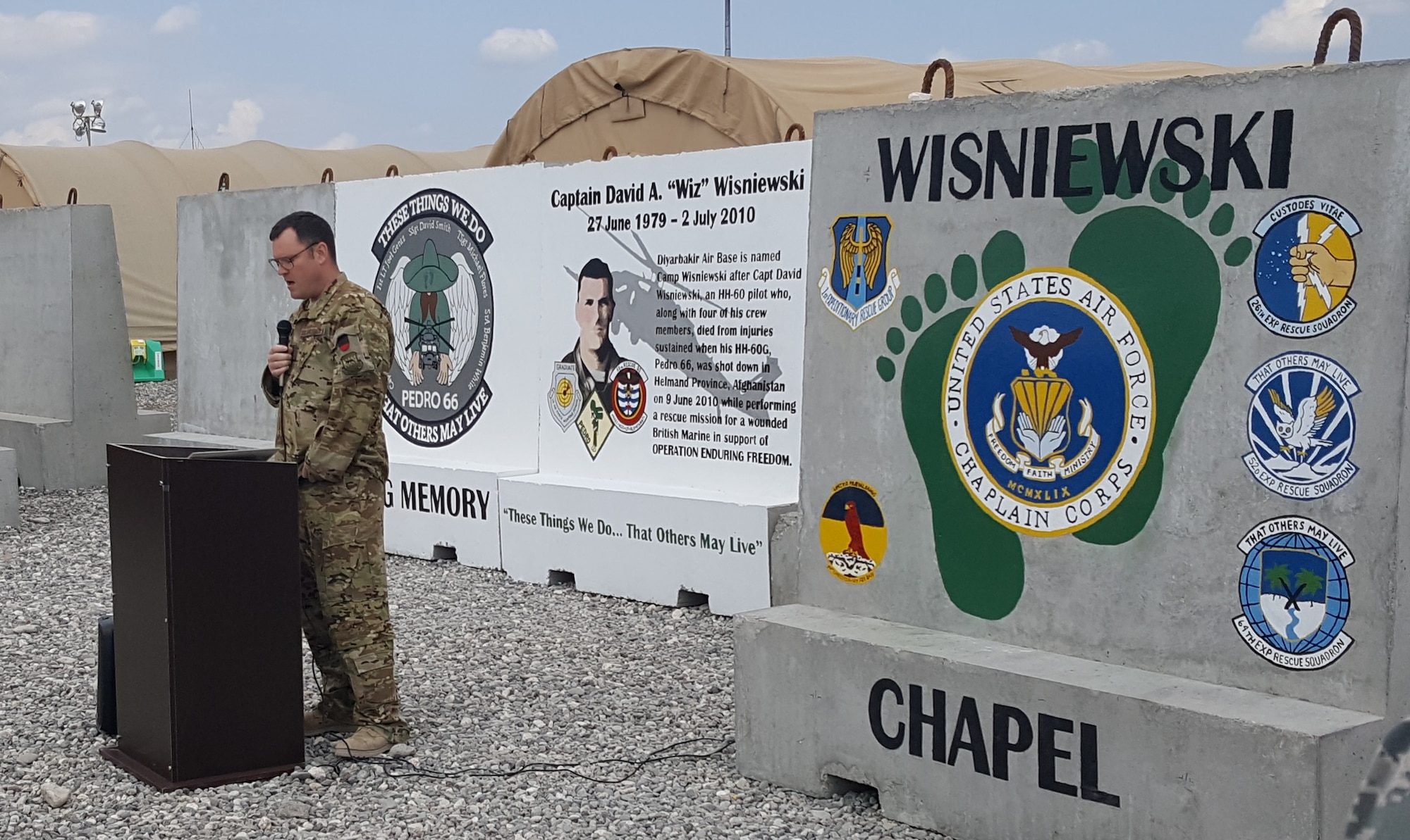 U.S. service members hold a Chapel Dedication Ceremony in honor of Capt. David A. “Wiz” Wisniewski, March 28, 2017, at Diyarbakir Air Base, Turkey. Wisniewski, an HH-60 Pave Hawk pilot, along with his crew, were killed in action while performing a rescue mission for a wounded British Marine in support of Operation Enduring Freedom. (Courtesy photo)
