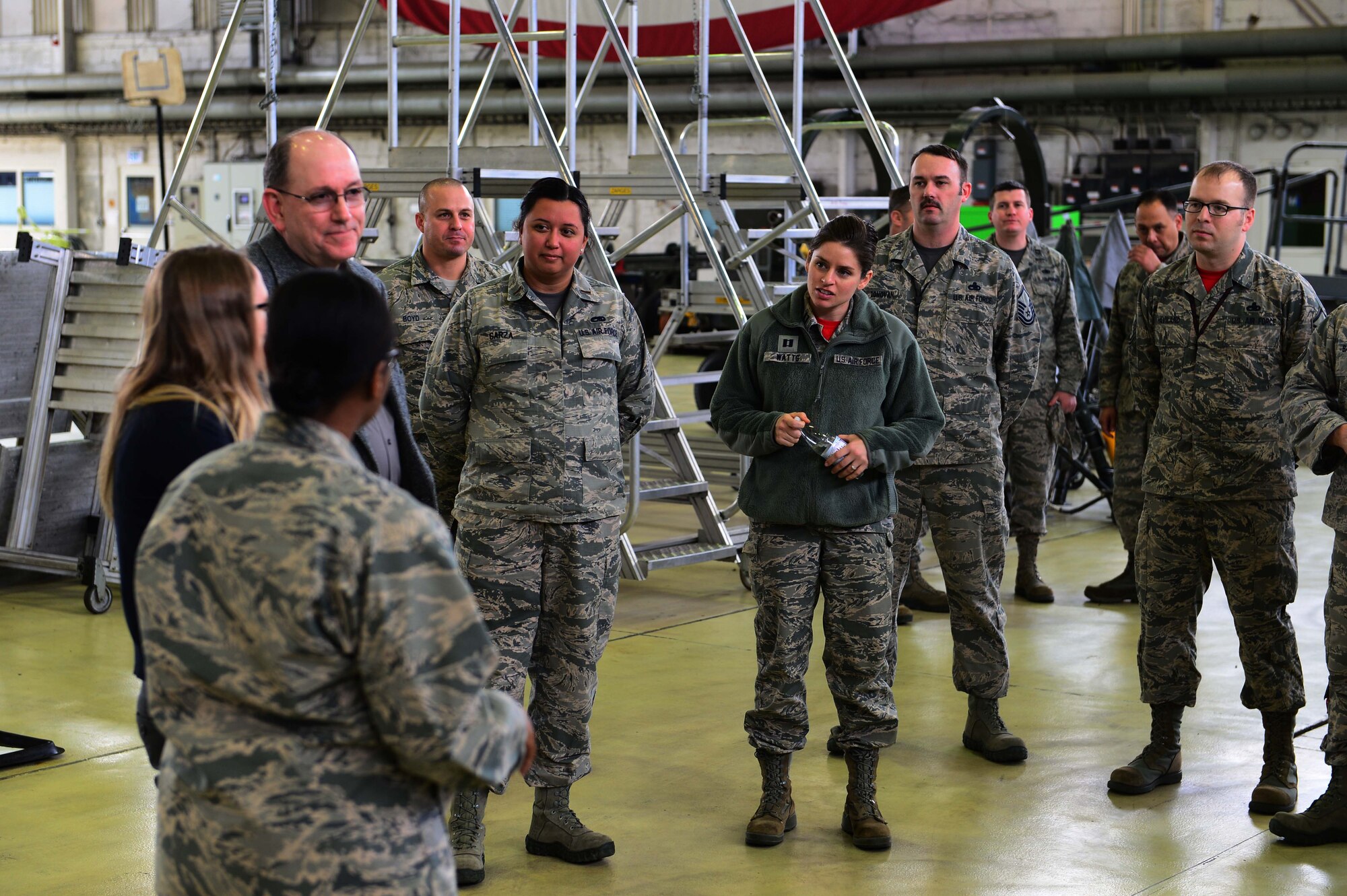 Matt Donovan, U.S. Senate Armed Services Committee major policy director, and his team visit the 52nd Maintenance Squadron to listen to their concerns about the challenges in their unit and the maintainer career field at large, Spangdahlem Air Base, Germany, March 17, 2017. The challenges specified by the Airmen include low manning at the journeyman skill level, extra duty tasks taking Airmen out of their regular responsibilities and the strain of shifts longer than 12 hours. (U.S. Air Force photo by Senior Airman Joshua R. M. Dewberry)