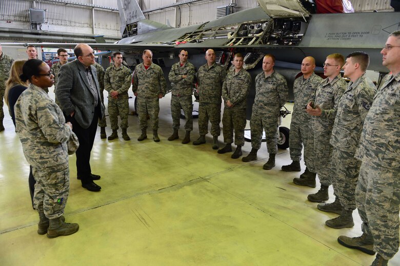 Matt Donovan, U.S. Senate Armed Services Committee major policy director, and his team visit the 52nd Maintenance Squadron to listen to their concerns about the challenges in their unit and the maintainer career field at large, Spangdahlem Air Base, Germany, March 17, 2017. The challenges specified by the Airmen include low manning at the journeyman skill level, extra duty tasks taking Airmen out of their regular responsibilities and the strain of shifts longer than 12 hours. (U.S. Air Force photo by Senior Airman Joshua R. M. Dewberry)