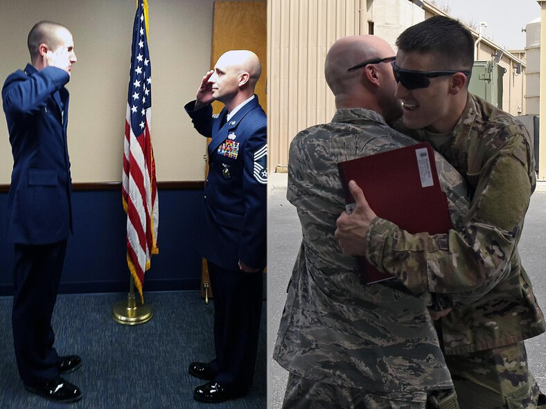 U.S. Air Force Chief Master Sgt. Shawn Ricchuito, fire chief with the 379th Expeditionary Civil Engineer Squadron Fire Department, and his son U.S. Air Force 1st Lt. Devin Ricchuito, a clinical nurse with the 455th Expeditionary Medical Group, share a moment in two different photos taken years apart. Devin transited through Al Udeid AB for his first deployment and was reunited with his father, who is stationed there for his last deployment. (U.S. Air Force photo illustration by Senior Airman Cynthia A. Innocenti)